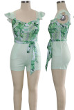Green Sexy Print Patchwork Flounce Halter Skinny Rompers