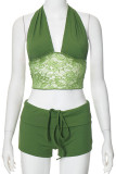 Pink Sexy Solid Color Lace Patchwork Strap Design V Neck Sleeveless Two Pieces