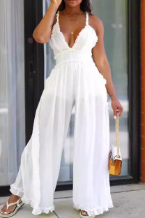 White Celebrities Solid Color Patchwork Backless V Neck Loose Jumpsuits