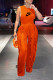 Orange Sexy Street Letter Print Fringed Trim O Neck Sleeveless Two Pieces