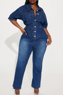 Deep Blue Casual Solid Color Pocket Buckle Patchwork Turndown Collar Regular Jumpsuits