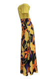 Orange Celebrities Print Patchwork Off Shoulder Long Dresses