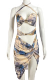 Yellow Sexy Print Hollow Out Patchwork Ruched Strap Design Halter Wrapped Skirt Dresses