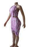 Green Sexy Print Hollow Out Patchwork Backless Ruched Halter Long Dresses