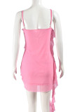Pink Sexy Solid Color Patchwork Backless Ruffled Trim Spaghetti Strap Sling Dresses