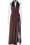 Dark Brown Street Solid Color Patchwork Backless High Slit Ruched Deep V Neck Long Dresses
