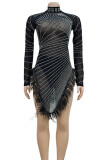 Black Sexy Fringed Trim Patchwork See-Through Hot Drill Zipper O Neck Wrapped Skirt Dresses