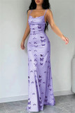 Purple Sexy Butterfly Print Backless Spaghetti Strap Long Dresses