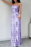 Purple Sexy Butterfly Print Backless Spaghetti Strap Long Dresses