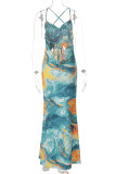 Green Celebrities Print Patchwork Backless Strap Design Spaghetti Strap Sling Dresses