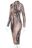Brownness Sexy Print Buckle Patchwork Turndown Collar Wrapped Skirt Dresses