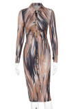 Brownness Sexy Print Buckle Patchwork Turndown Collar Wrapped Skirt Dresses