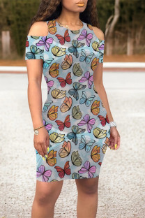 Grey Casual Butterfly Print Contrast O Neck Printed Dresses