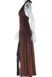 Dark Brown Street Solid Color Patchwork Backless High Slit Ruched Deep V Neck Long Dresses