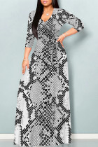 Grey Casual Street Animal Print Lace Up With Belt Contrast V Neck Printed Dresses