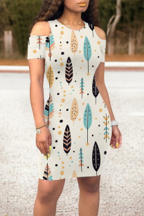 Cream White Casual Leaf Print Contrast O Neck Printed Dresses
