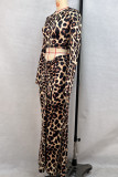 Camel Celebrities Leopard Print Patchwork Ruched O Neck Long Sleeve Two Pieces
