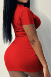 Red Sexy Print Patchwork O Neck Wrapped Skirt Dresses