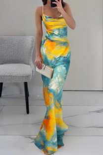 Blue Celebrities Print Patchwork Backless Strap Design Spaghetti Strap Sling Dresses