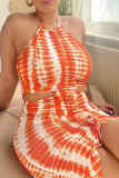 Green Sexy Print Hollow Out Patchwork Backless Ruched Halter Long Dresses