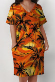 Rose Pink Casual Vacation Tropical Print Pocket V Neck Printed Plus Size Dresses