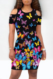 Grey Casual Butterfly Print Contrast O Neck Printed Dresses