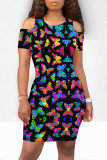 Grey Casual Butterfly Print Contrast O Neck Printed Dresses