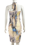 Yellow Sexy Print Hollow Out Patchwork Ruched Strap Design Halter Wrapped Skirt Dresses