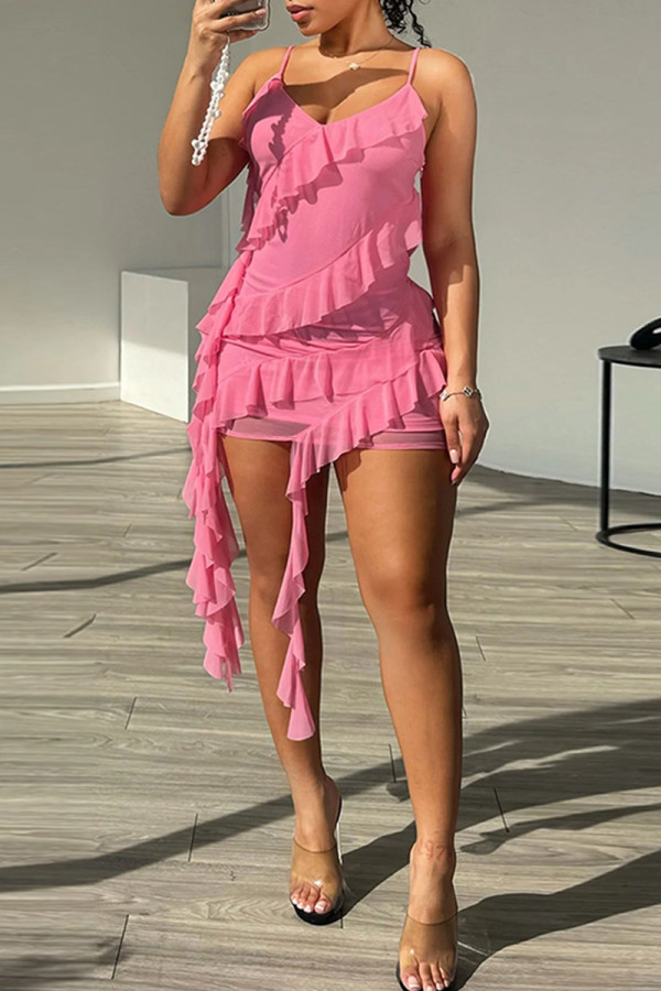 Pink Sexy Solid Color Patchwork Backless Ruffled Trim Spaghetti Strap Sling Dresses