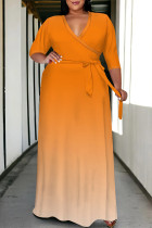 Orange Casual Street Gradient Print Lace Up V Neck Printed Plus Size Dresses