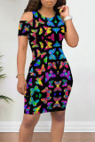 Grey Casual Butterfly Print Contrast O Neck Printed Dresses