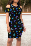 Grey Casual Butterfly Print Contrast O Neck Printed Dresses