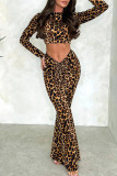 Camel Celebrities Leopard Print Patchwork Ruched O Neck Long Sleeve Two Pieces