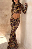 Camel Celebrities Leopard Print Patchwork Ruched O Neck Long Sleeve Two Pieces