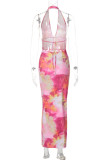 Colour Sexy Print Backless Belted Halter Long Dresses