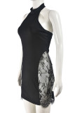 Black Sexy Solid Color Lace Patchwork O Neck Wrapped Skirt Dresses