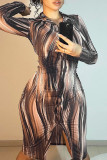 Brownness Sexy Print Buckle Patchwork Turndown Collar Wrapped Skirt Dresses