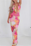Colour Sexy Print Backless Belted Halter Long Dresses