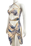 Yellow Sexy Print Hollow Out Patchwork Ruched Strap Design Halter Wrapped Skirt Dresses