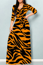 Zebra Casual Street Animal Print Lace Up With Belt Contrast V Neck Printed Dresses