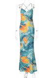 Green Celebrities Print Patchwork Backless Strap Design Spaghetti Strap Sling Dresses