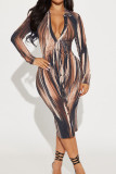 Brownness Sexy Print Buckle Patchwork Turndown Collar Wrapped Skirt Dresses