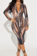 Brownness Sexy Print Buckle Patchwork Turndown Collar Wrapped Skirt Dresses