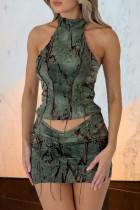 Green Sexy Print Patchwork Backless O Neck Sleeveless Two Pieces