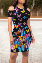 Purple Black Casual Butterfly Print Contrast O Neck Printed Dresses