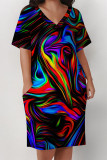 Colorful Blue Casual Street Rainbow Stripe Print Pocket Contrast V Neck Printed Plus Size Dresses