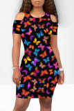 Grey Casual Butterfly Print Contrast O Neck Printed Dresses