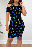 Grey Casual Butterfly Print Contrast O Neck Printed Dresses