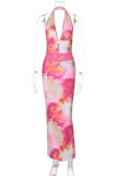 Colour Sexy Print Backless Belted Halter Long Dresses