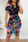 Grey Casual Butterfly Print Contrast O Neck Printed Dresses